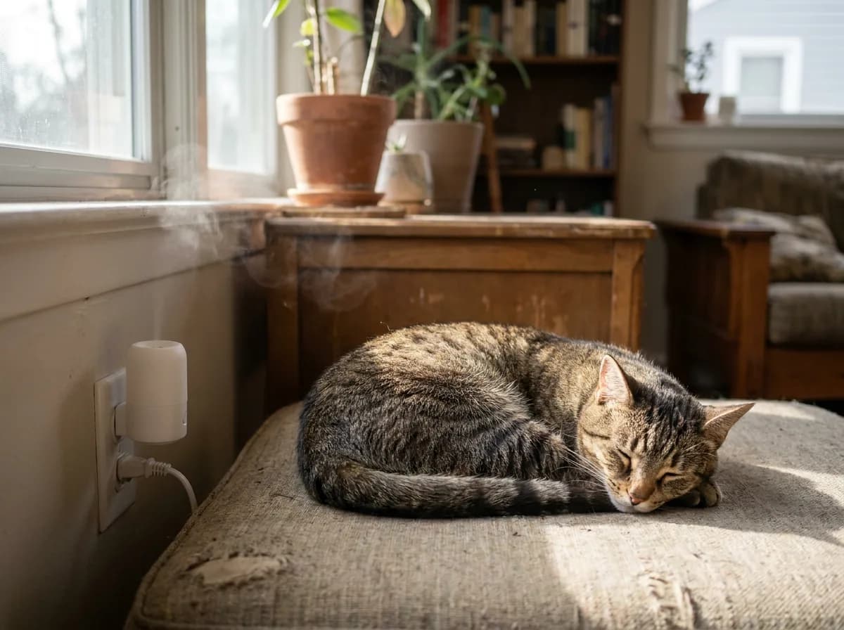 Tabby cat sleeping on a cushioned window bench beside a wall outlet with a small plug-in diffuser in a sunlit living room