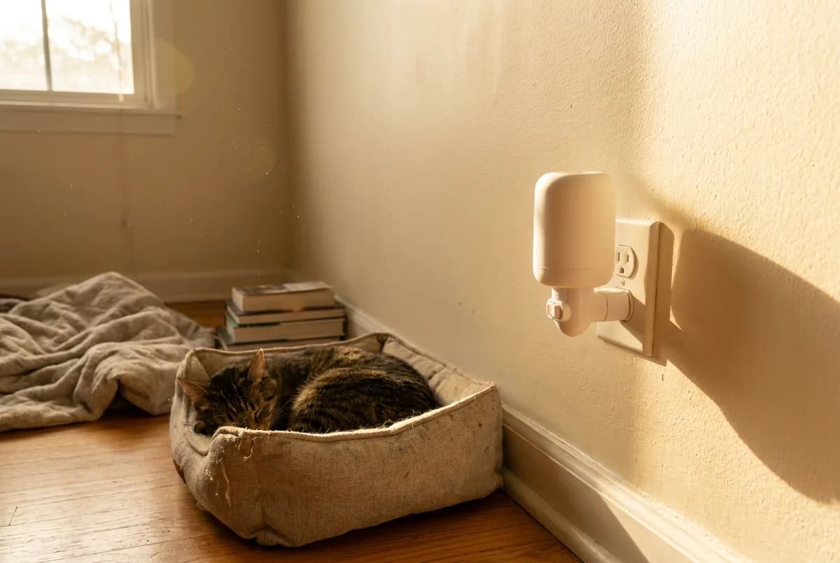 Plug-in pheromone diffuser in a bedroom wall outlet next to a soft cat bed where a tabby cat is curled up asleep