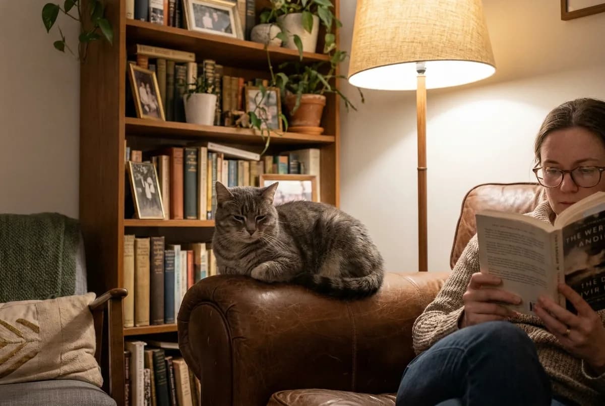 Relaxed grey cat resting on the arm of a leather armchair beside its owner reading in a quiet living room