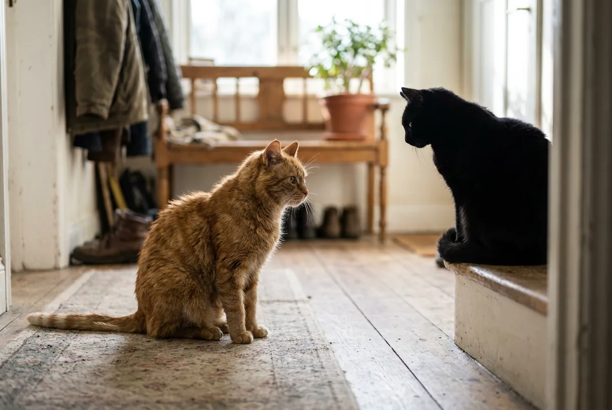 Orange tabby and a black cat sitting a careful distance apart on a hallway floor, watching each other