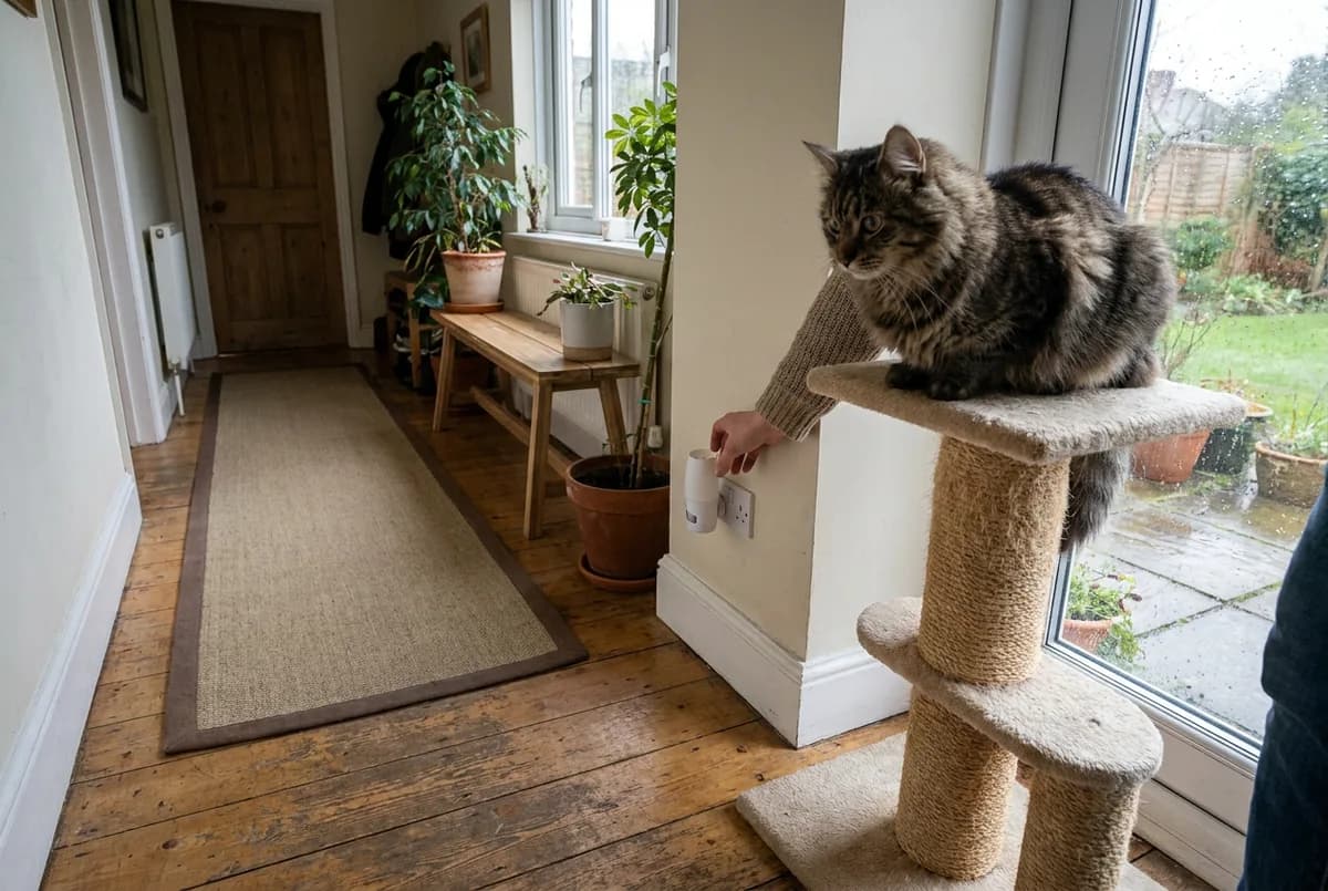 Hand plugging a diffuser into a low hallway outlet while a grey tabby watches from the top of a cat tree