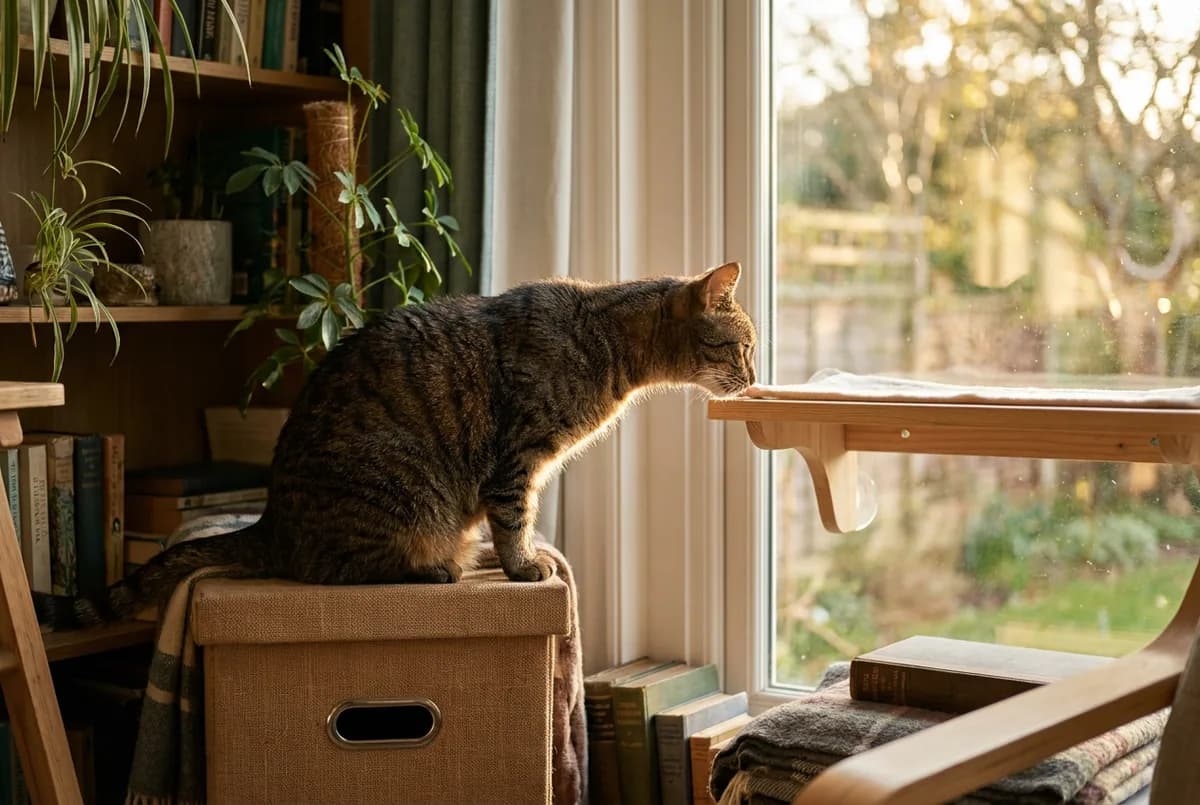 Tabby cat on a storage box sniffing a wall-mounted window perch in a plant-filled room