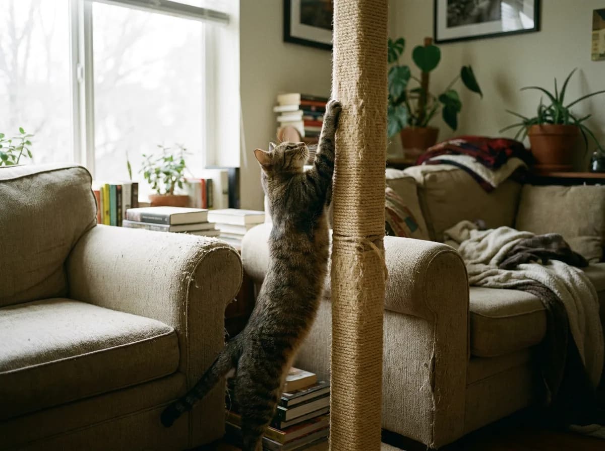 Tabby cat stretched to full height scratching a tall sisal post standing between a sofa and an armchair in a lived-in living room