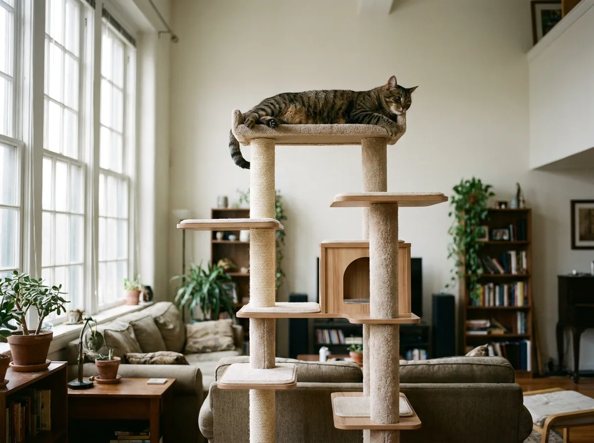 Brown tabby cat lying on the top perch of a tall multi-level carpeted cat tree with sisal posts and a wooden condo in a bright high-ceilinged living room