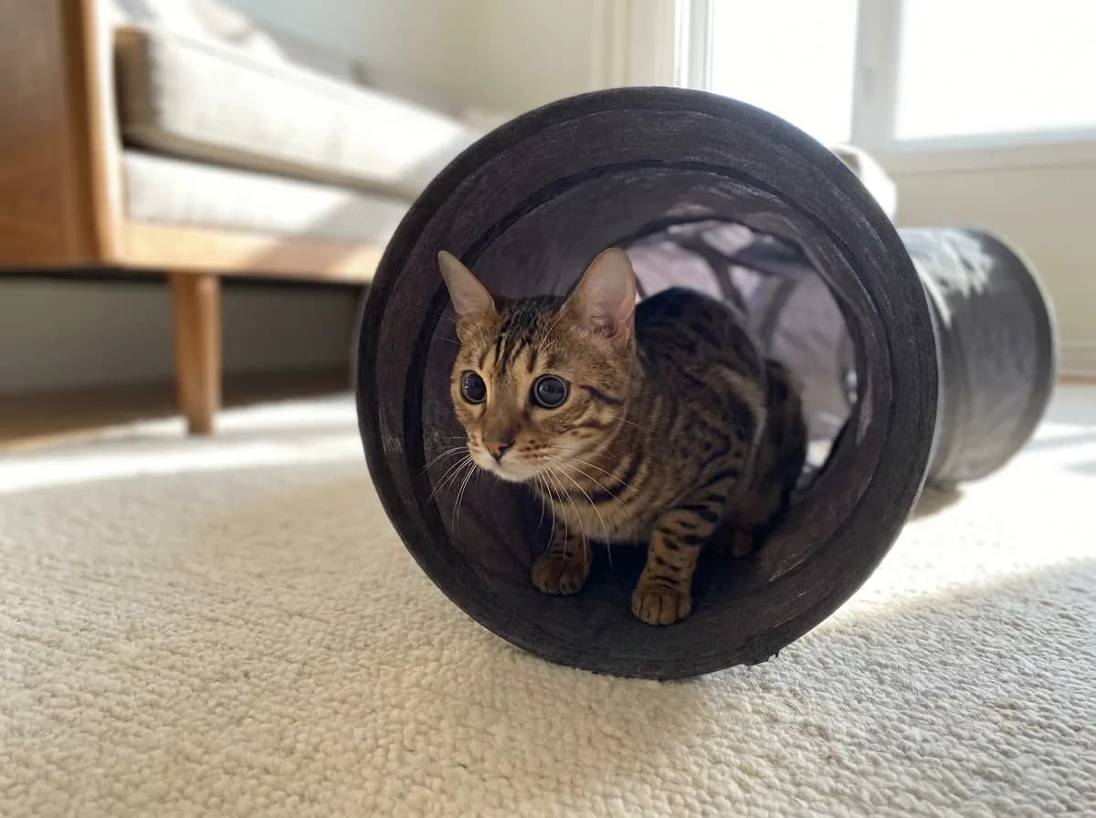Bengal cat crouched inside the opening of a dark gray fabric play tunnel on a cream rug