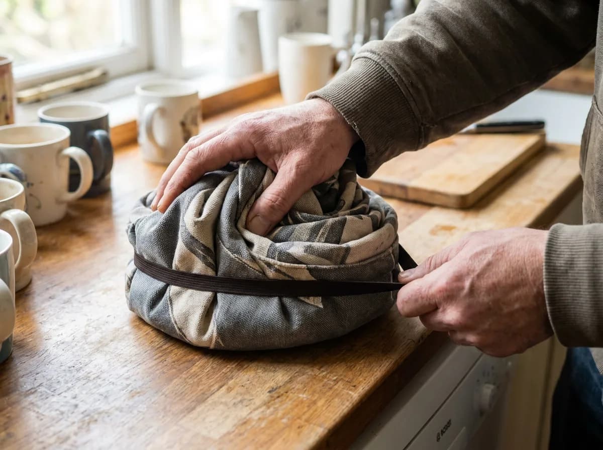 Hands folding a collapsible fabric cat tunnel flat and fastening its elastic strap on a kitchen counter