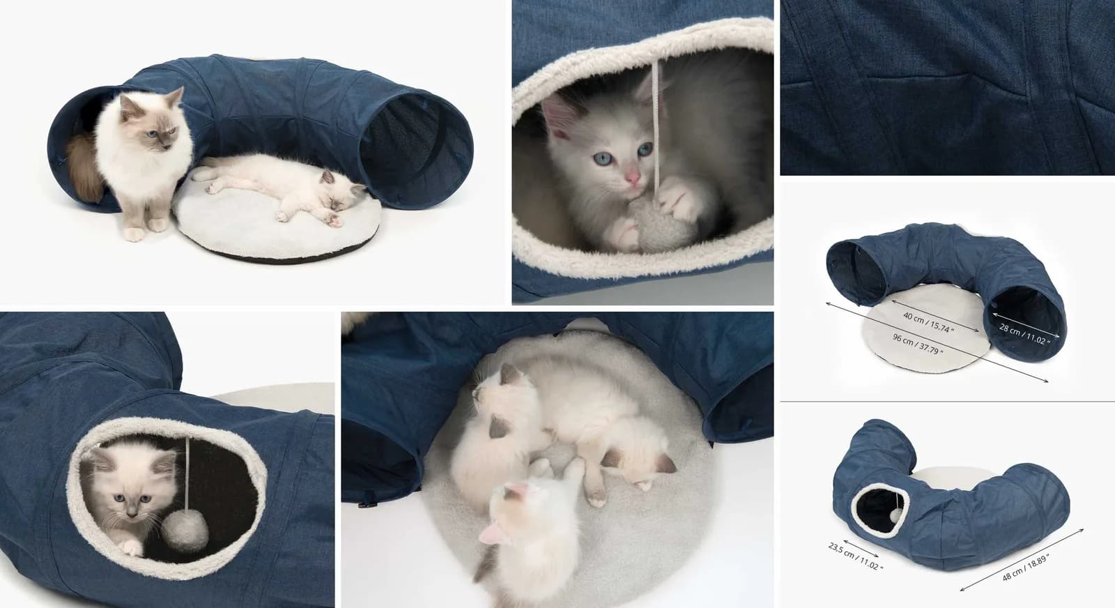 Manufacturer collage of cats using the blue Vesper tunnel and cushion