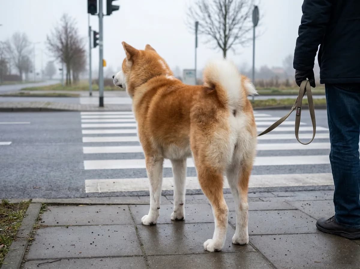 Akita standing beside its handler at a pedestrian crossing with a slack leash.
