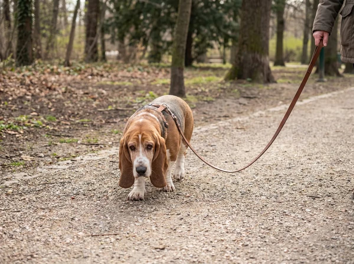 Basset Hound walking toward the camera on a slack leash along a wooded path.