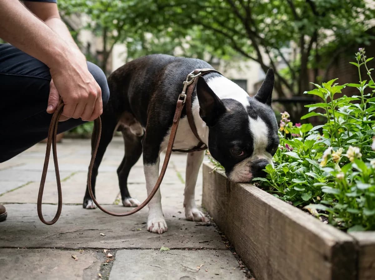 Boston Terrier sniffing a raised planting bed while its handler holds a loose leash.