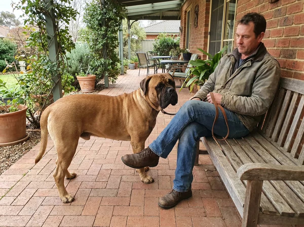 Bullmastiff standing beside its seated handler on a brick patio.