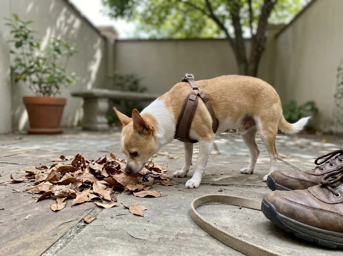 Harnessed Chihuahua sniffing fallen leaves beside its owner's shoes.