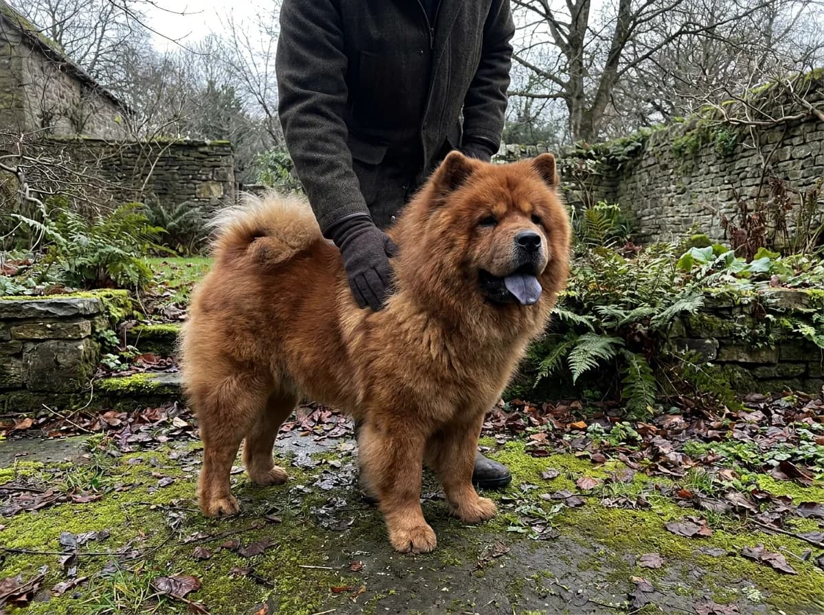 Chow Chow standing beside a handler in a garden bordered by a stone wall.