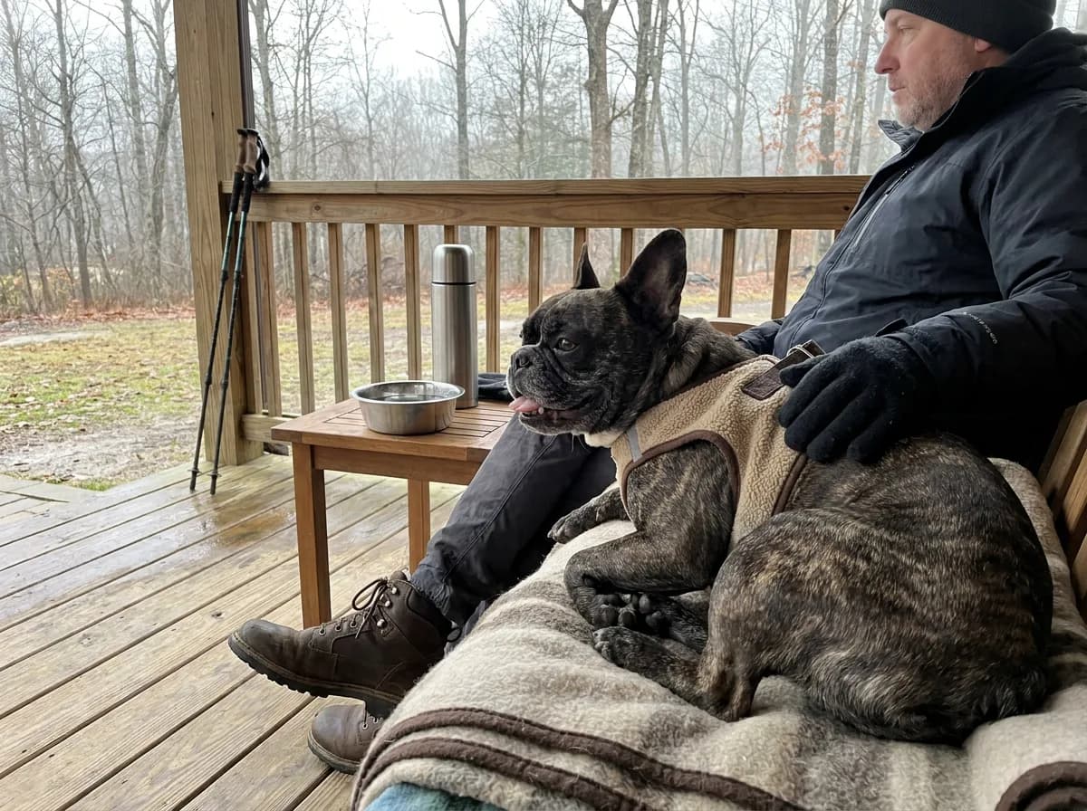 Brindle French Bulldog resting beside its owner on a covered porch with a water bowl nearby.