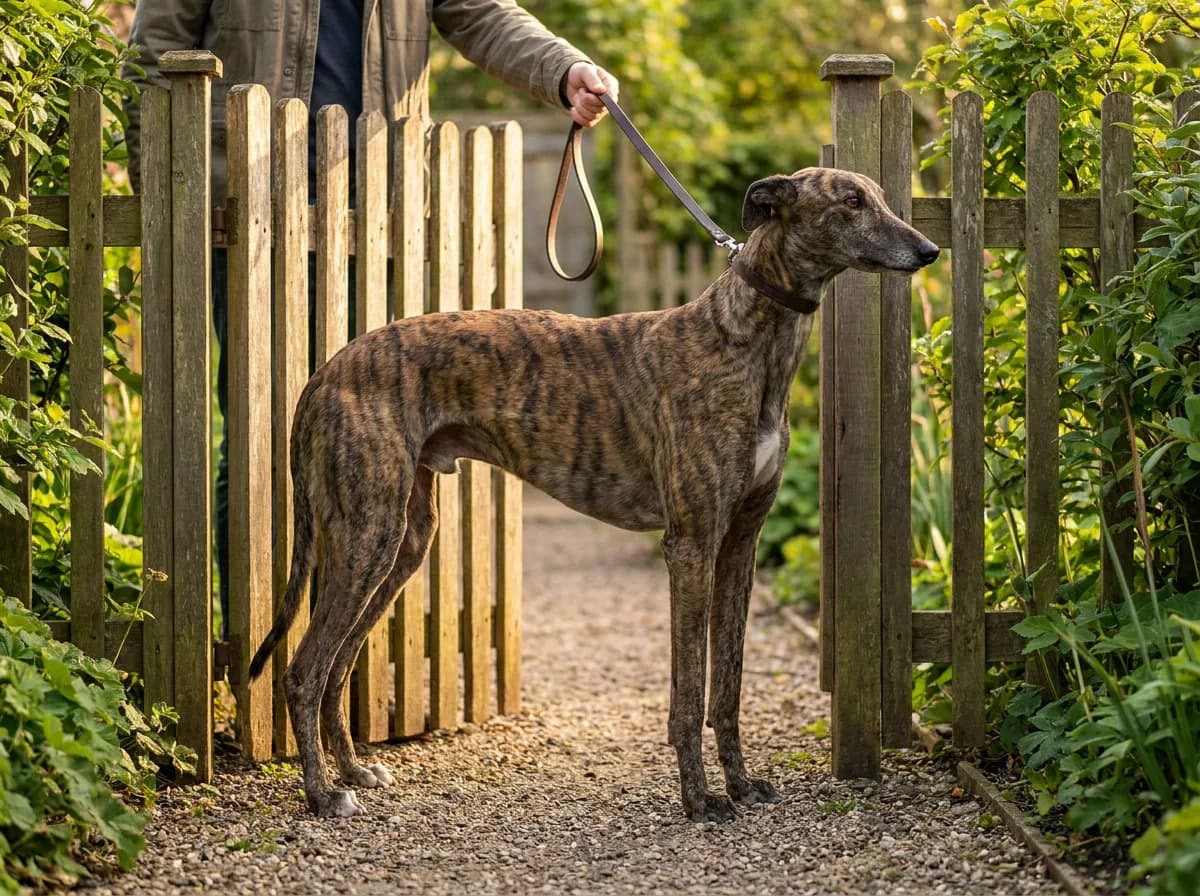 Brindle Greyhound standing beside a wooden garden gate on a loose leash.
