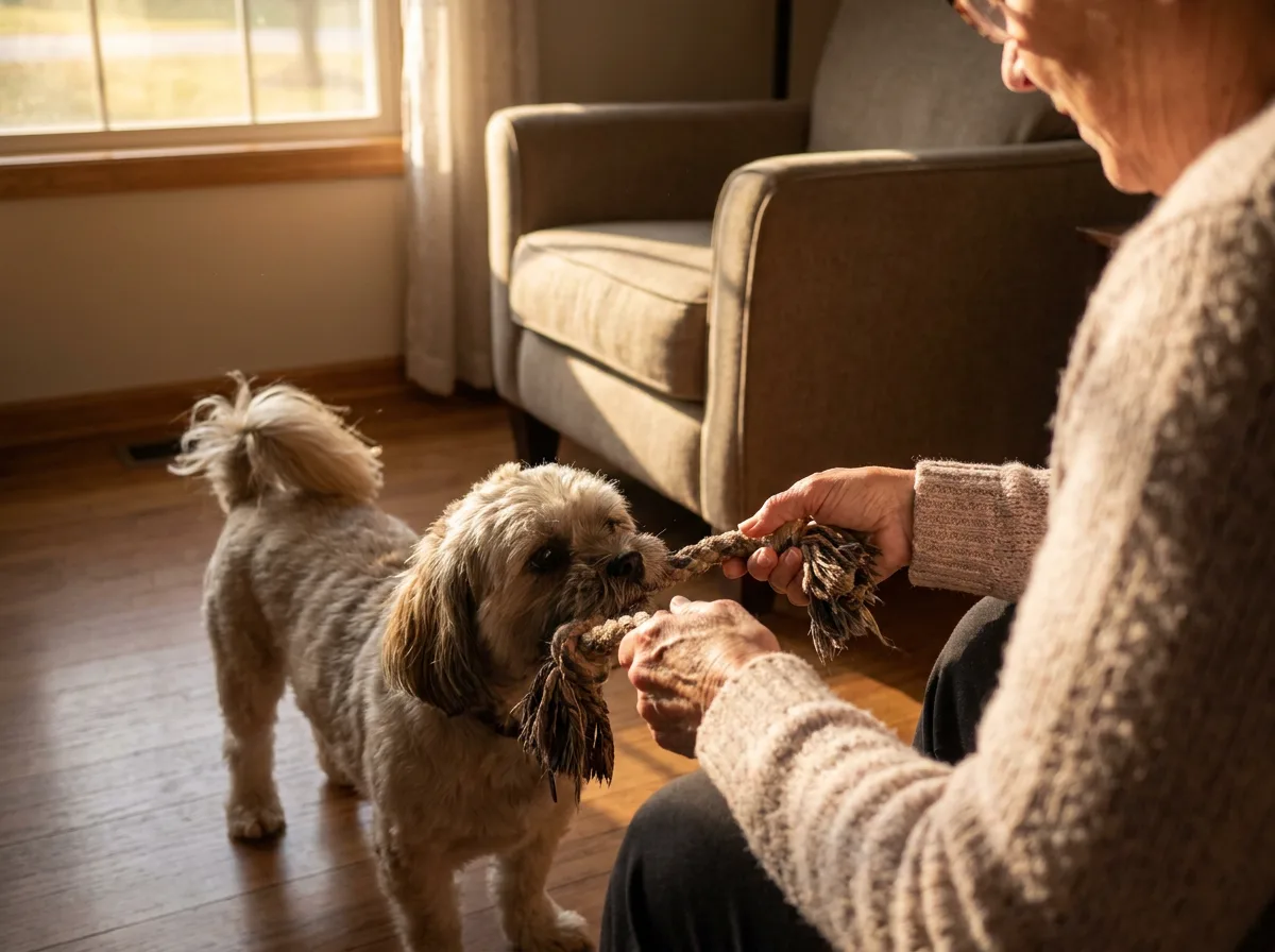 Small longhaired dog playing with a rope toy held by its seated owner.