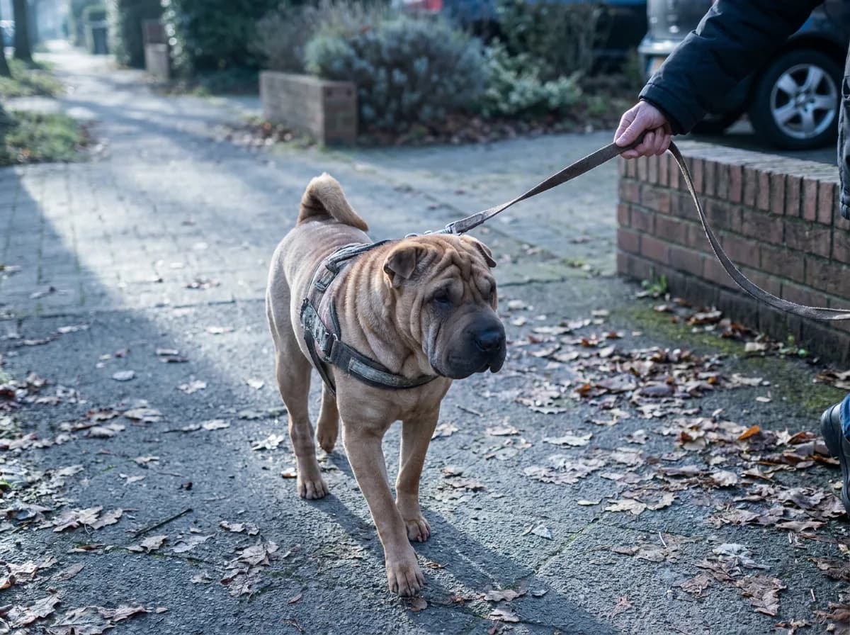 Shar-Pei walking beside a handler on a neighborhood pavement.