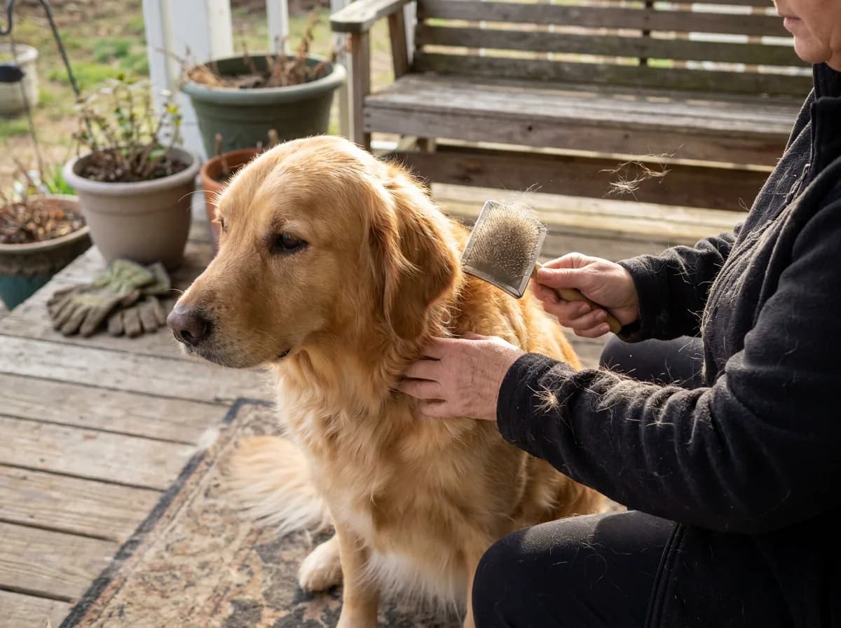 Golden retriever sitting on a back porch while its owner brushes its neck with a slicker brush, loose fur drifting in the morning light