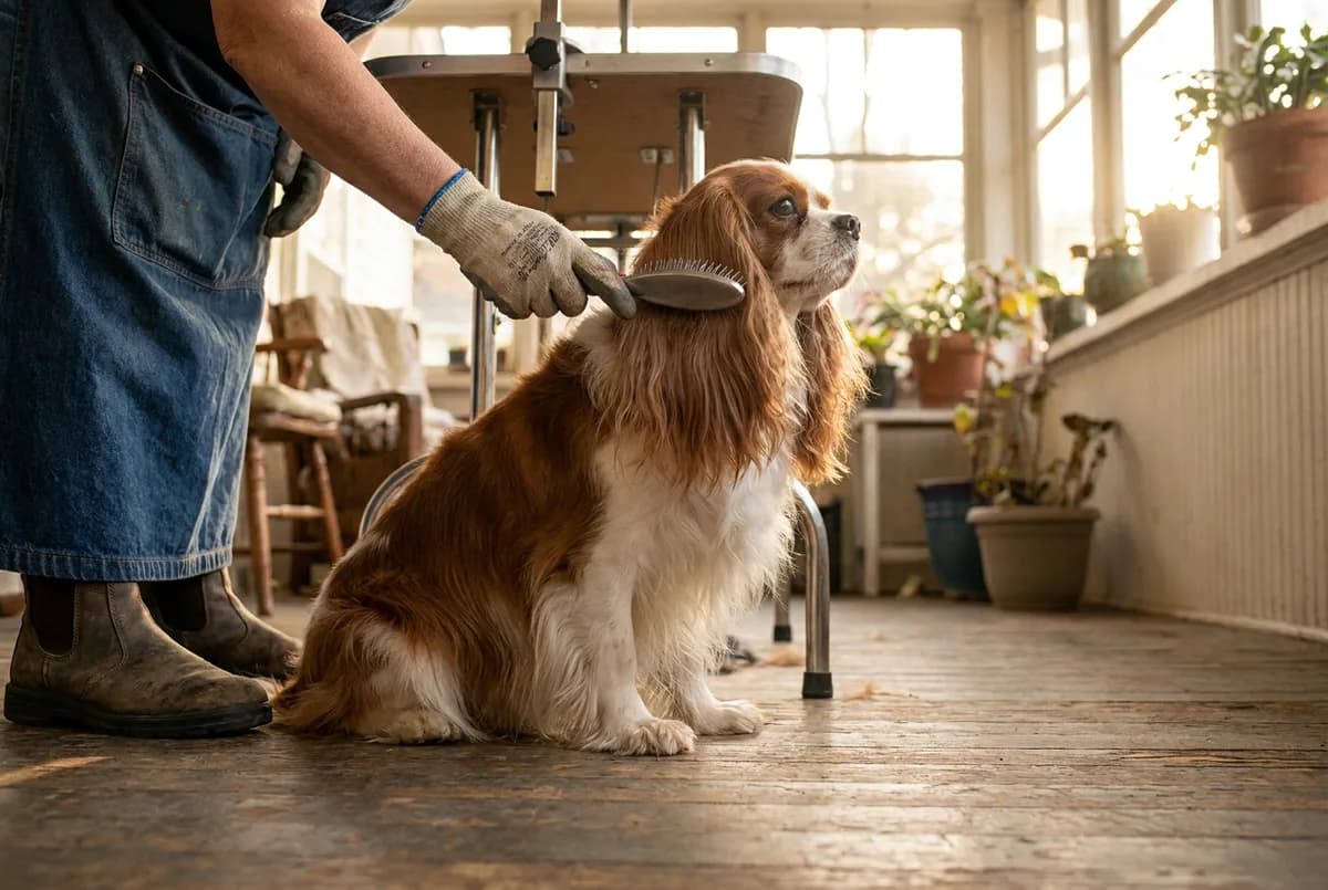 Groomer working a pin brush through the long ears and feathering of a seated Cavalier spaniel on a grooming table by a window
