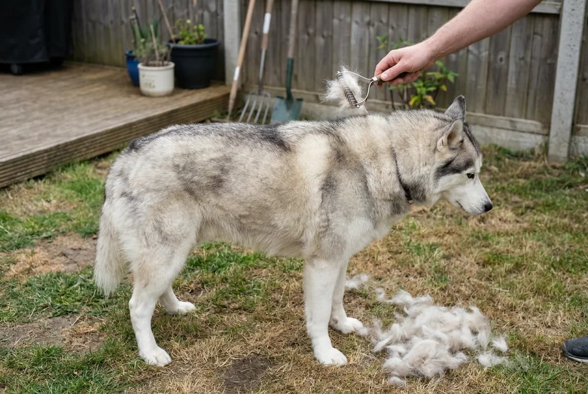 Husky standing on a lawn with a pile of lifted undercoat beside it while the owner holds an undercoat rake