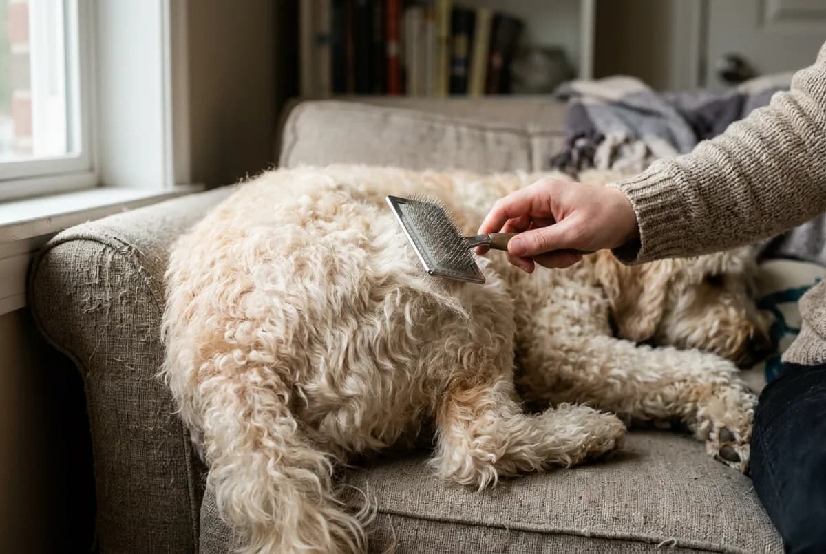Cream goldendoodle lying on a couch while its owner line brushes the curls at the hip with a slicker brush