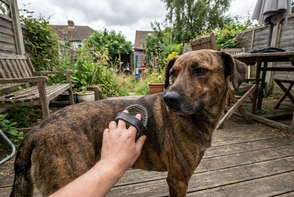 Brindle short-coated dog on a backyard deck having its flank rubbed with a rubber curry brush