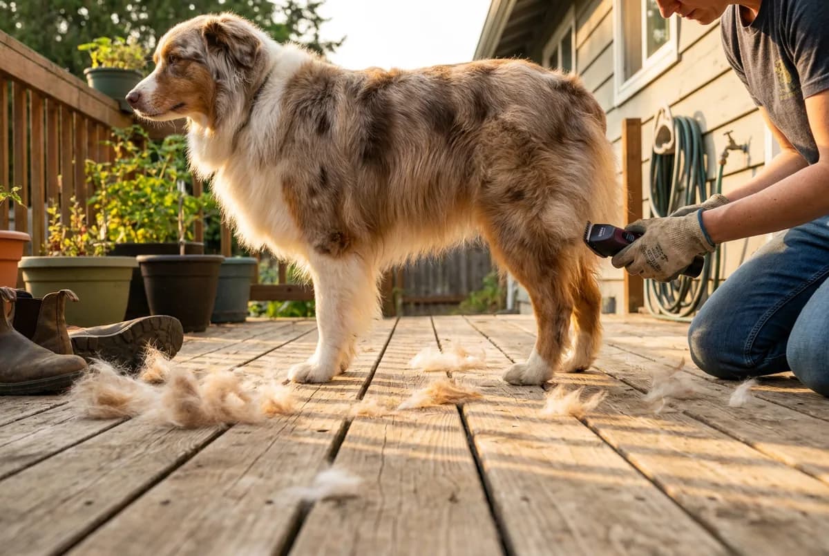 Owner trimming the hind leg feathering on a blue merle Australian shepherd with a thick double coat, using a cordless clipper on a backyard deck