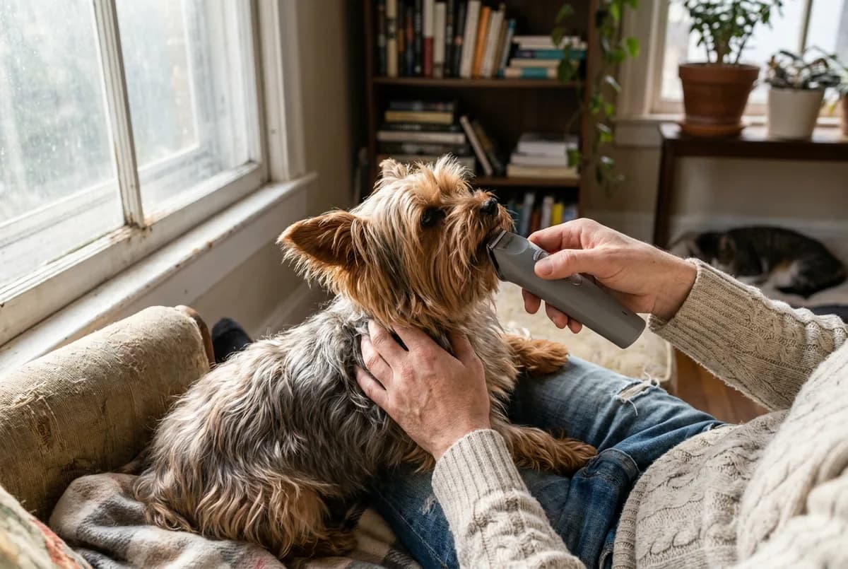 Yorkshire terrier sitting on an owner's lap while a small cordless trimmer tidies the fur on its face
