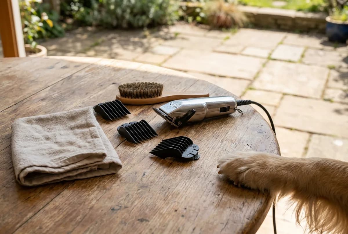 Corded dog clipper, three guard combs of different sizes, a bristle brush and a cloth laid out on a wooden table next to a dog's paw