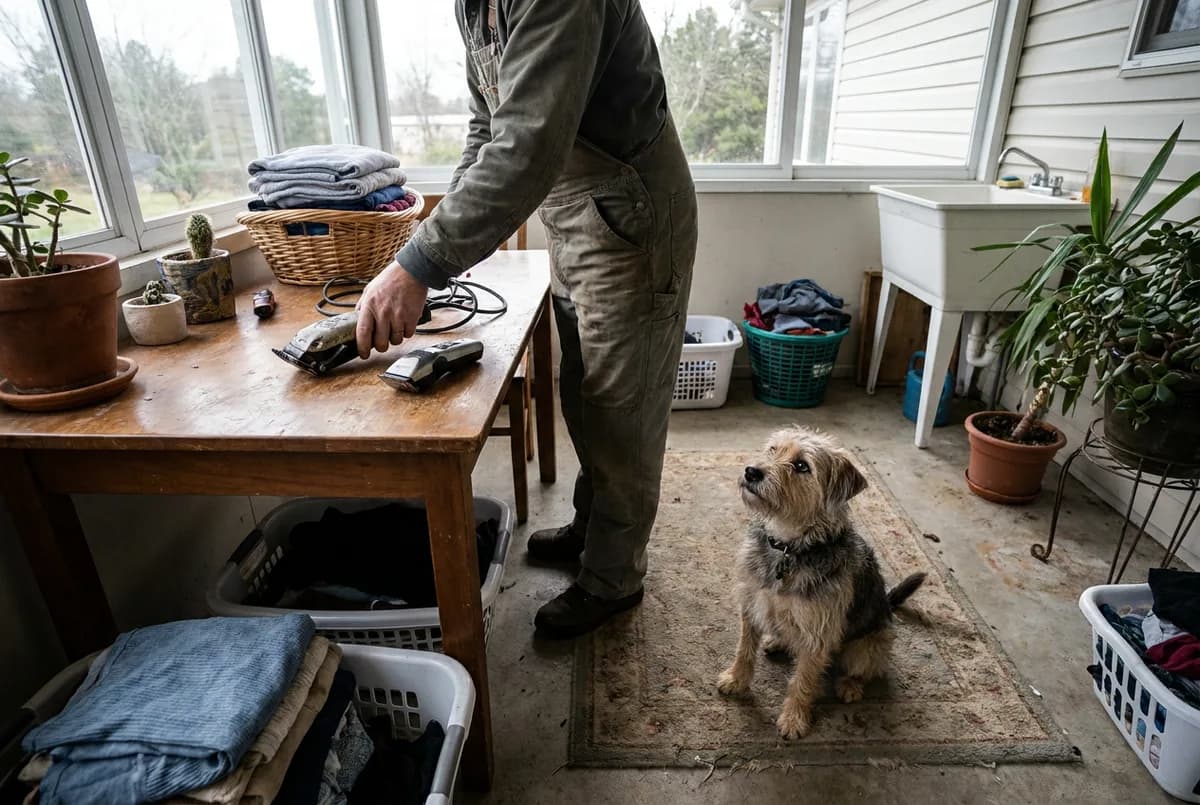 Person setting a corded dog clipper beside a cordless clipper on a laundry-room table while a scruffy terrier mix sits on a rug looking up