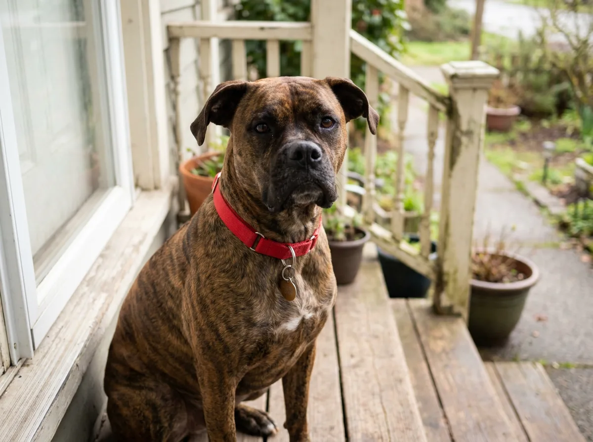 Brindle boxer mix sitting on a wooden porch step wearing a red flat nylon collar with a round ID tag