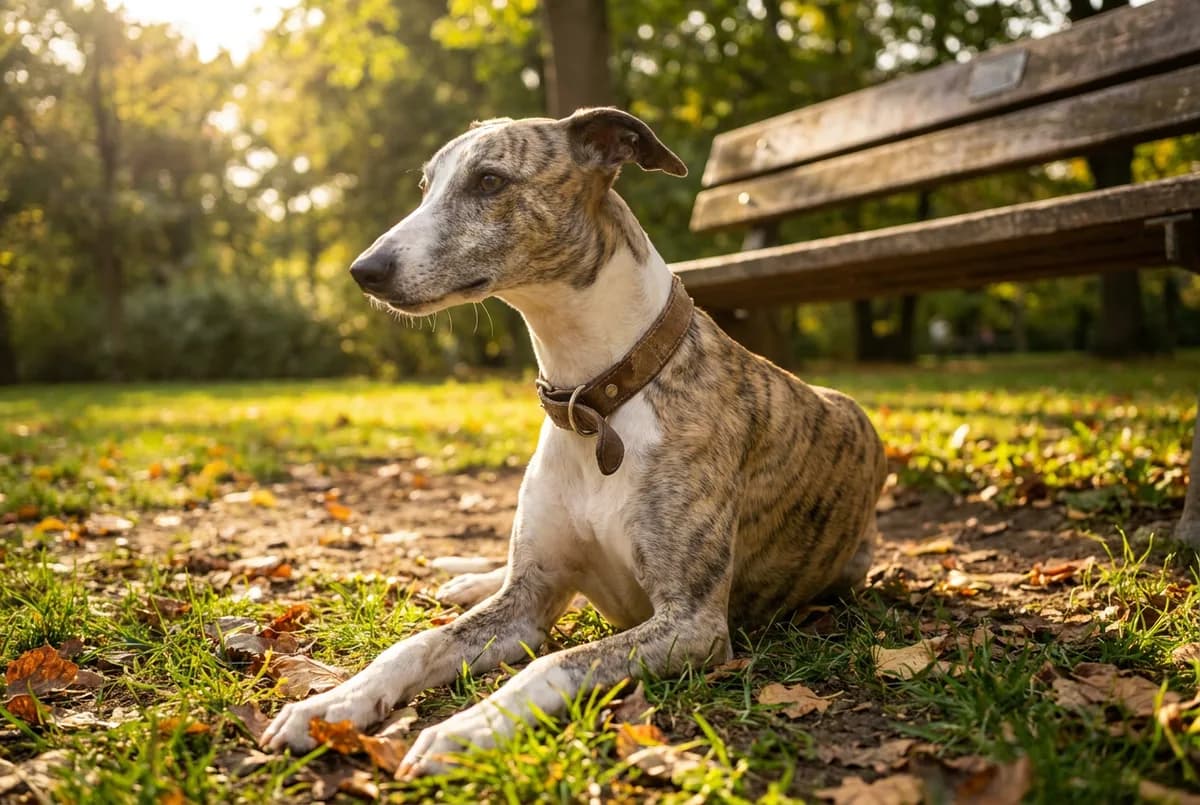 Brindle and white whippet lying in a park wearing a wide brown martingale collar around its narrow neck