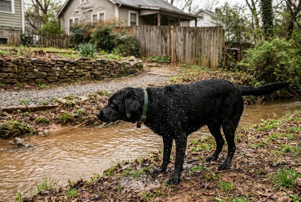 Wet black Labrador standing beside a muddy creek wearing a green waterproof collar