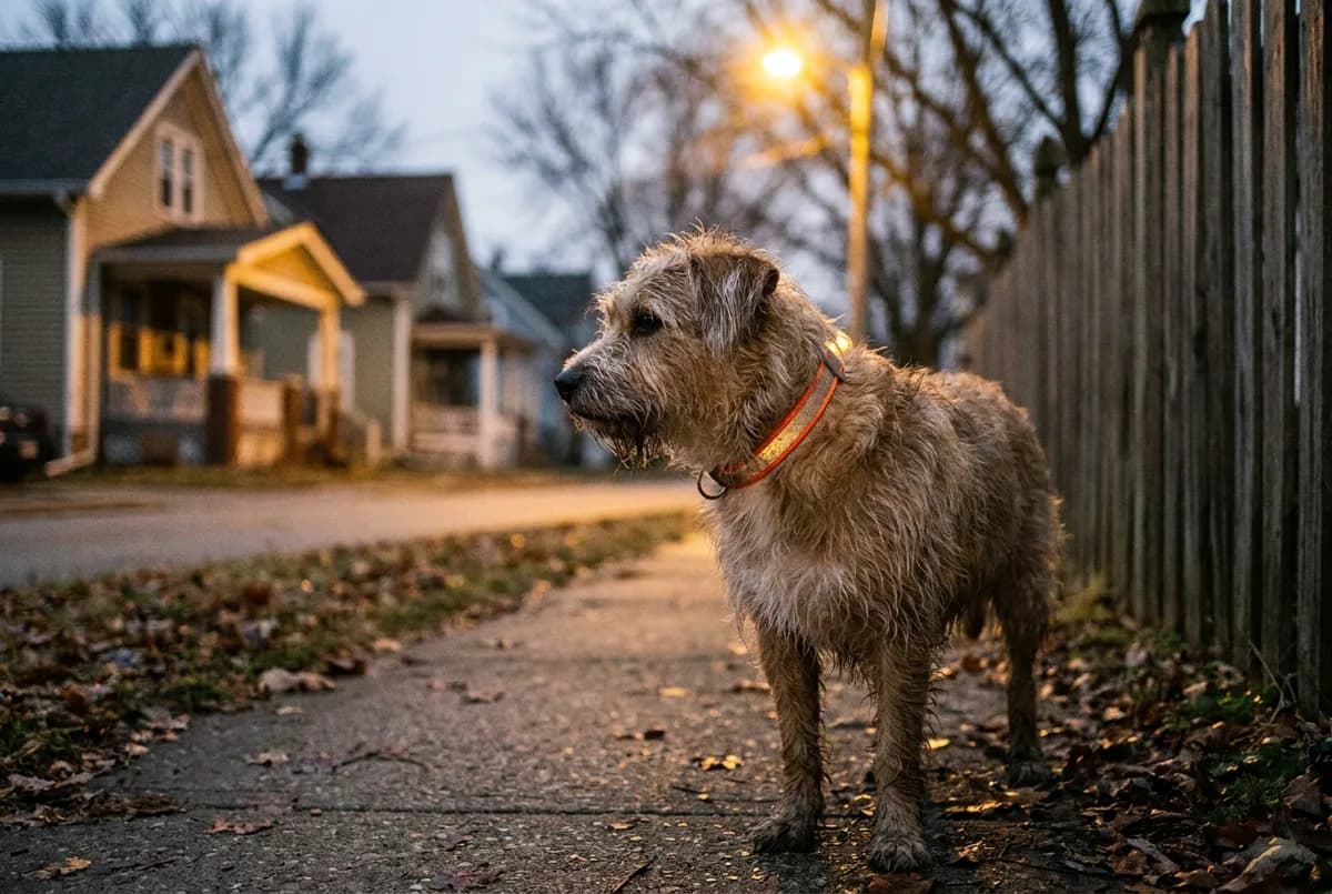 Scruffy terrier mix on an evening sidewalk with a reflective orange collar glowing under a streetlight