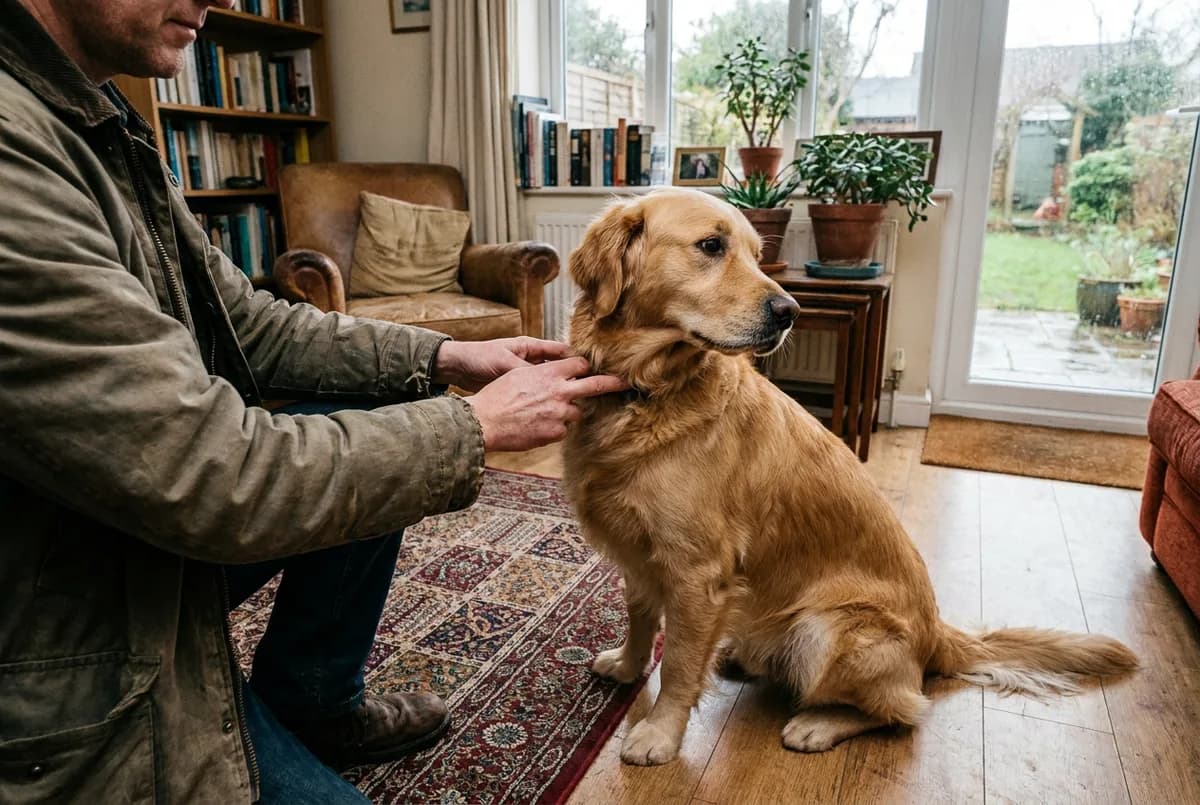 Owner slipping two fingers under the collar of a seated golden retriever in a living room