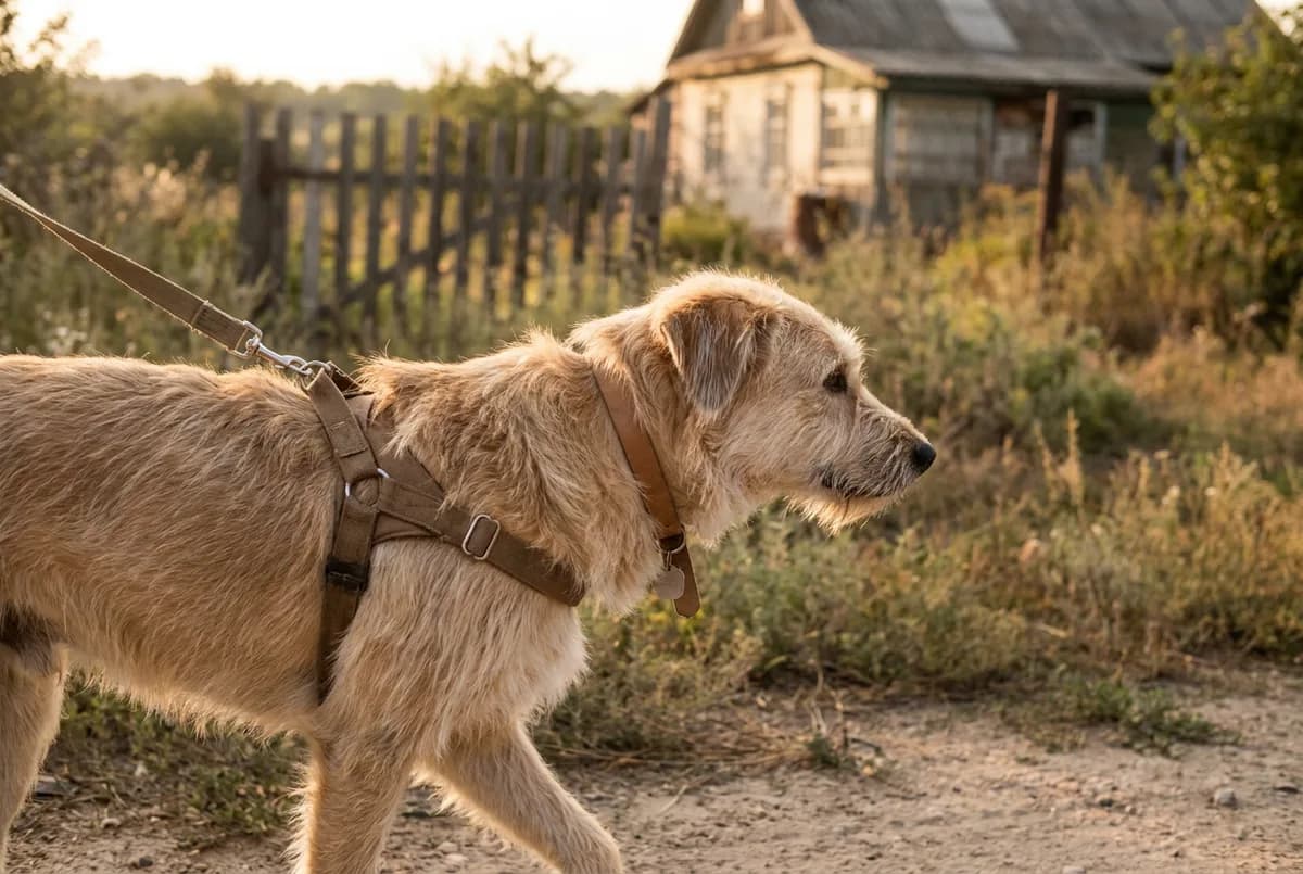 Shaggy wheaten dog walking on a dirt path wearing both a tan harness and a flat collar on a leash