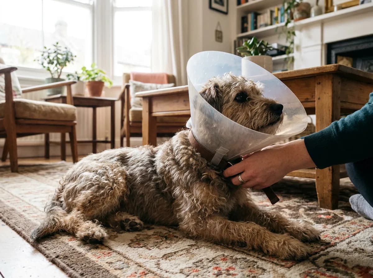 Scruffy wheaten dog lying on a living room rug in a clear plastic recovery cone while an owner's hand adjusts the neck strap