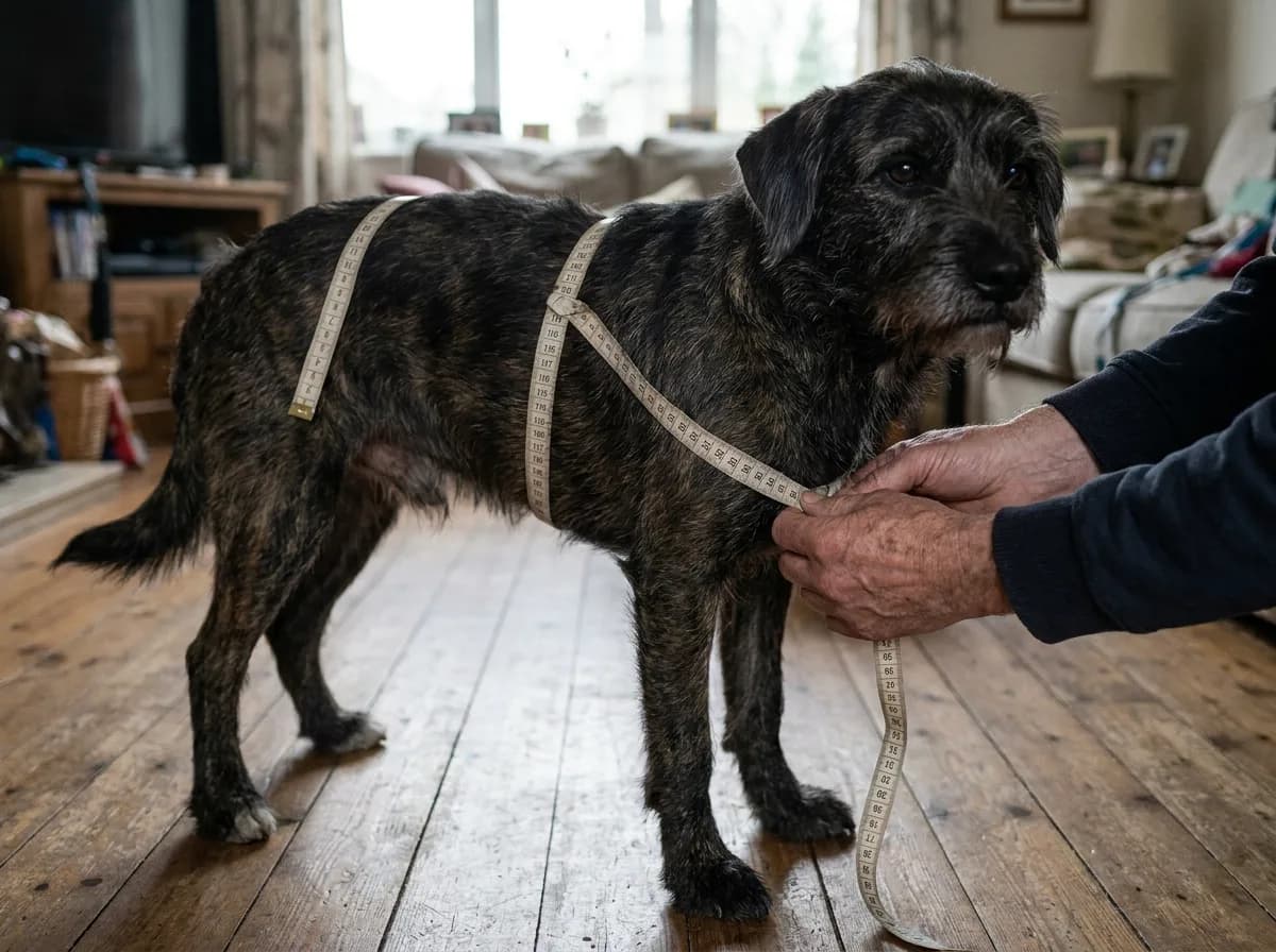 Close-up of a tape measure at the widest point of a dog's ribcage with the neck and back-length measuring points marked on a printed size chart