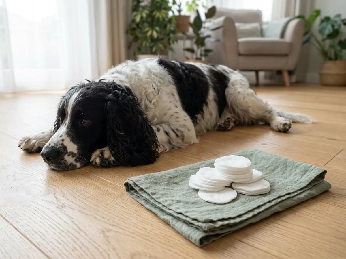 Black-and-white spaniel lying beside cotton pads on a folded green towel.