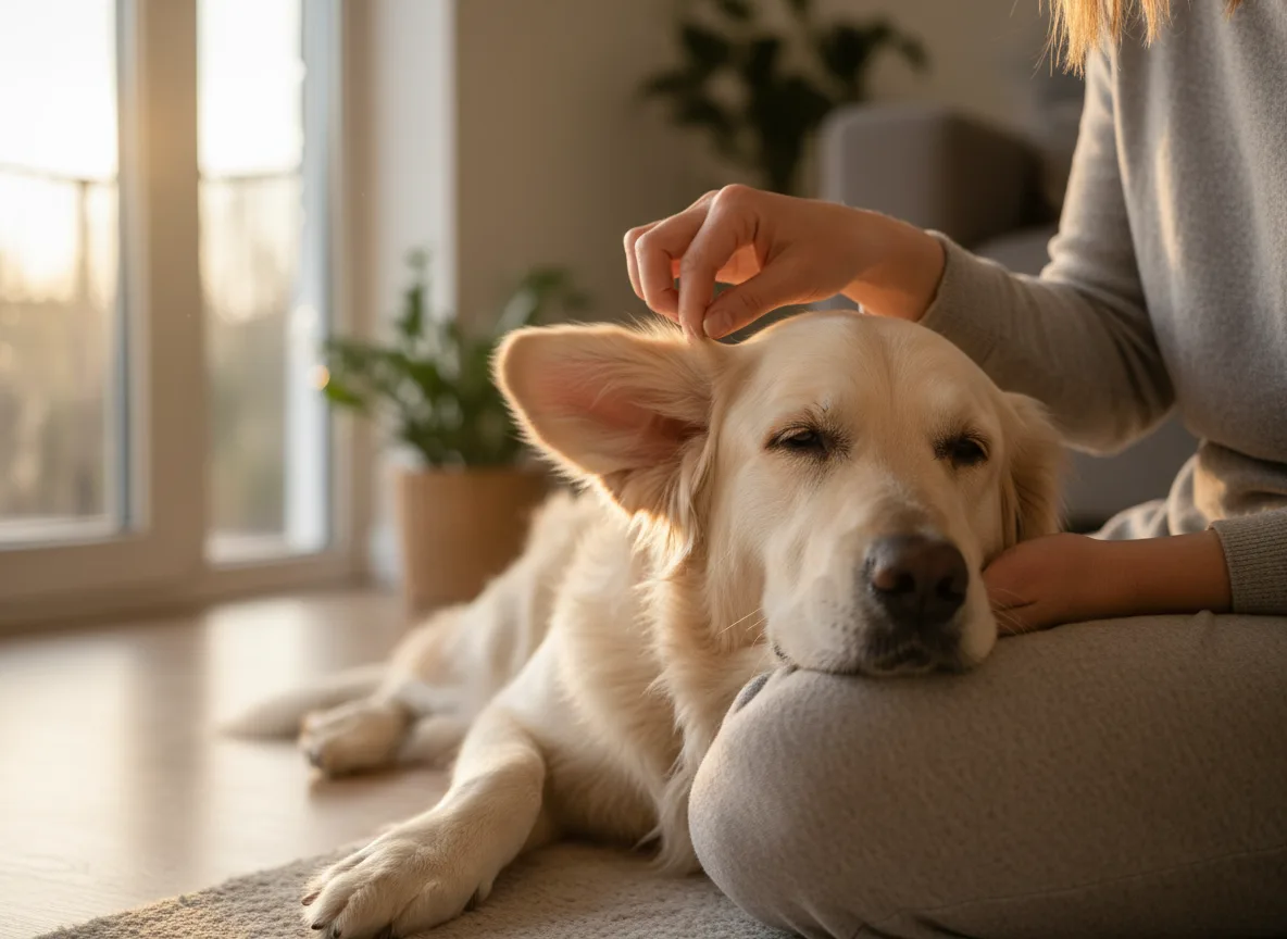 Owner gently lifting a relaxed retriever’s ear flap while the dog rests on her knee.
