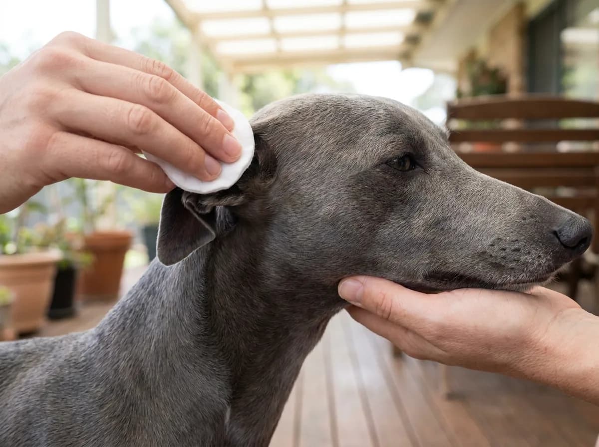 Owner wiping the outside of a gray whippet’s ear flap with a cotton pad.