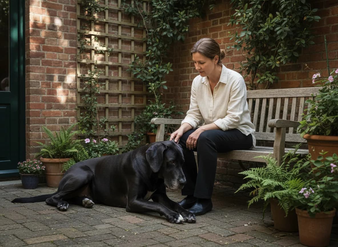 Owner observing a relaxed black Great Dane beside a garden bench.