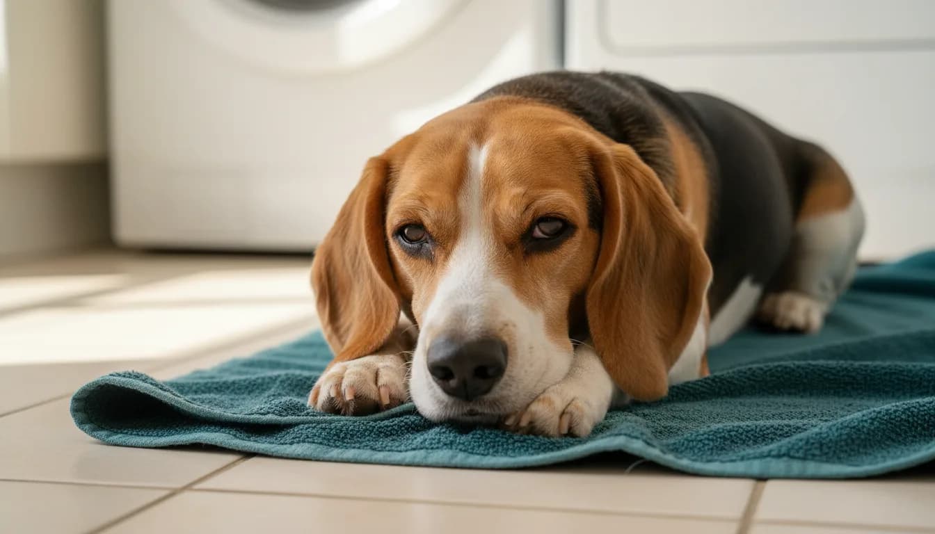 Beagle resting on a teal towel with its natural ear flaps visible.