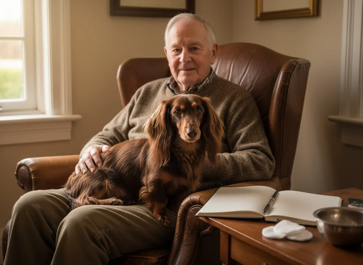 Long-haired brown dachshund on an owner’s lap beside a notebook and cotton pads.