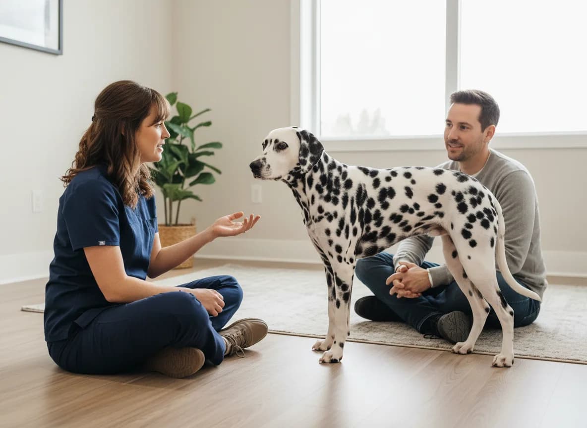Veterinary professional and owner discussing care beside a standing Dalmatian.
