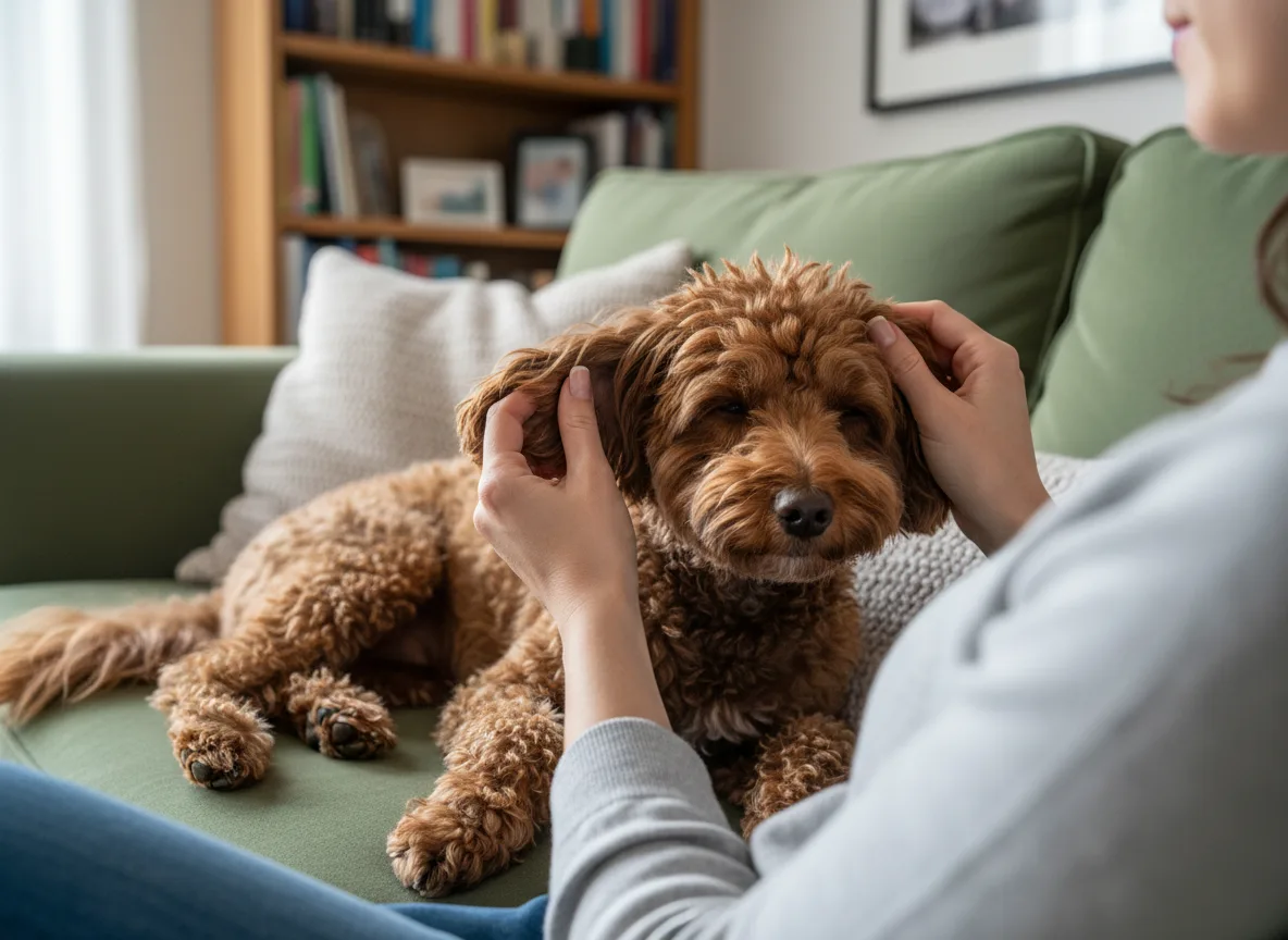 Owner gently holding the ear flaps of a relaxed curly-coated brown dog on a sofa.