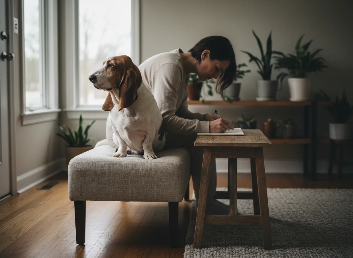 Basset hound resting beside an owner who is writing a care note.
