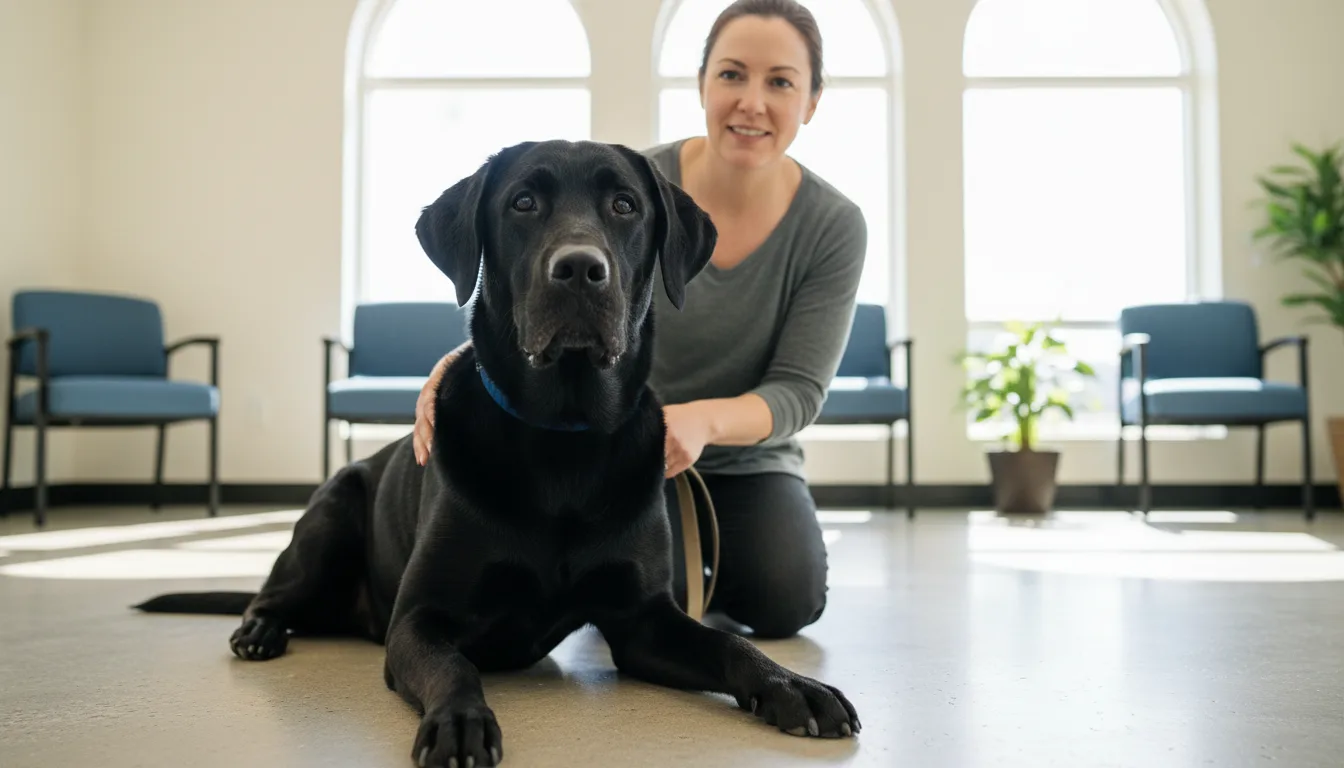 Black Labrador resting beside its owner in a veterinary waiting area.
