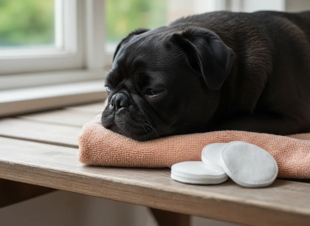 Black pug resting on a peach towel beside round cotton pads.