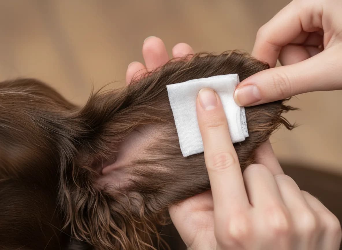 Close view of clean gauze touching the flat outer part of a supported ear flap.